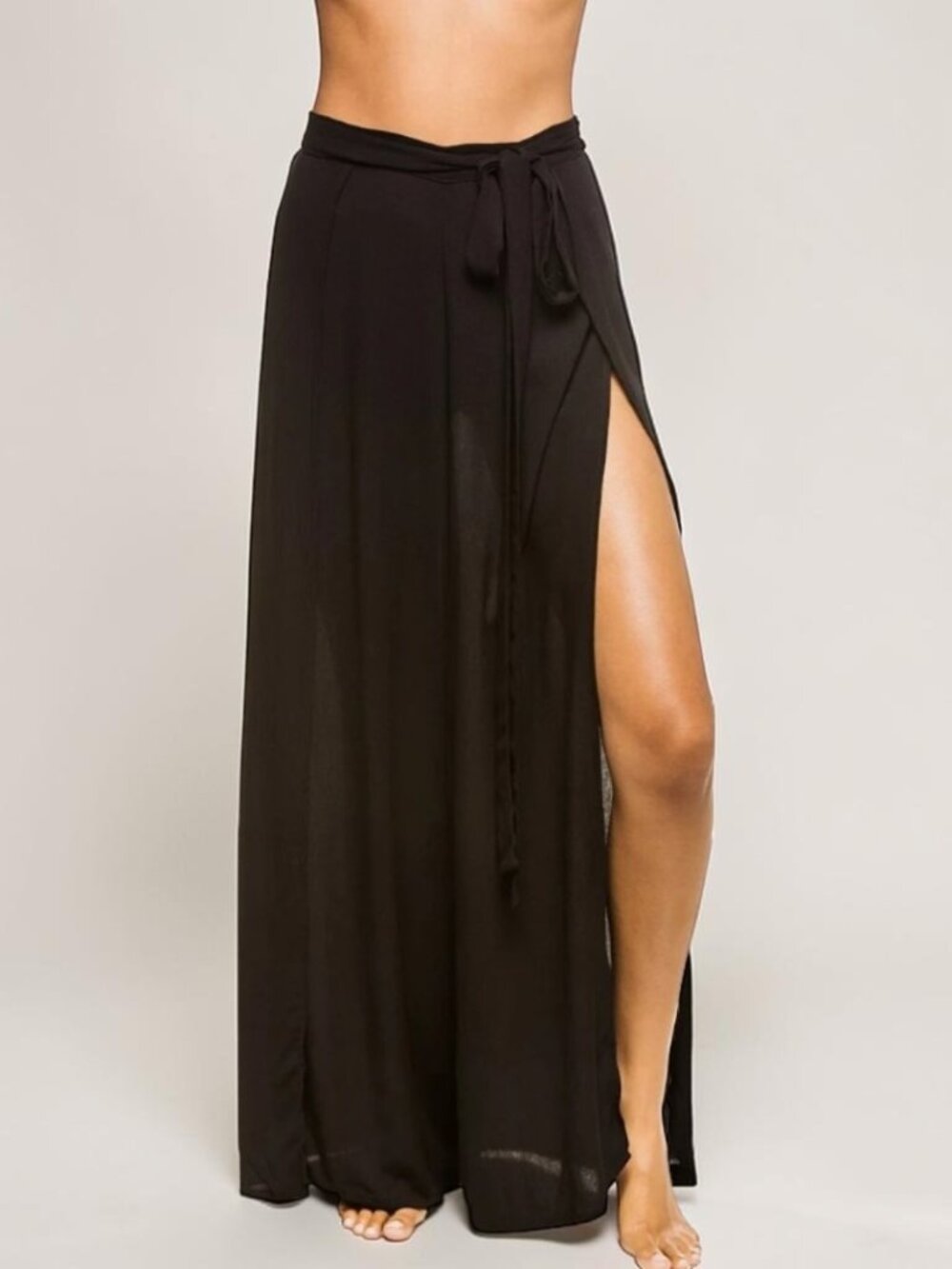 Elan Women L Black Rayon Wide Leg Wrap Tie Pants NWT Flowy Boho Resort